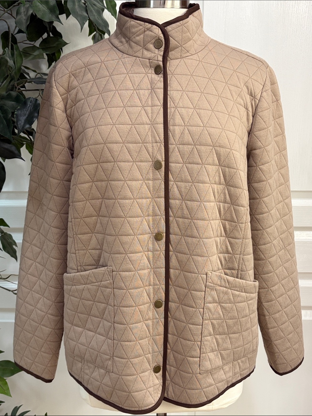 Susan Graver Weekend Quilted Knit Snap Front Mock Neck Jacket ~ Beautiful Beige